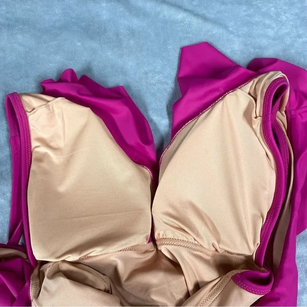 NEW J. Crew Ruched Ruffle One Piece Swimsuit Deep V Neck Size 8 Radiant Fuchsia